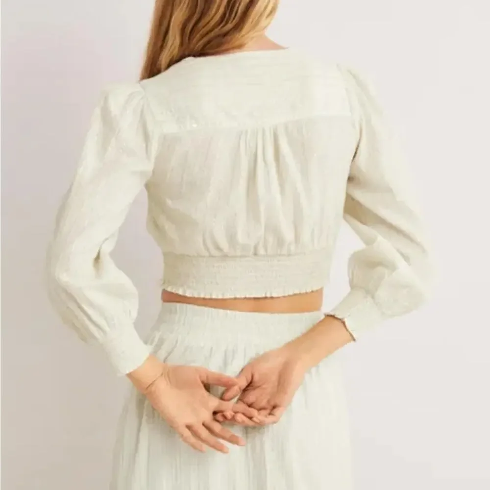 Boden Lurex Smocked Crop Top Ivory Crinkle NEW